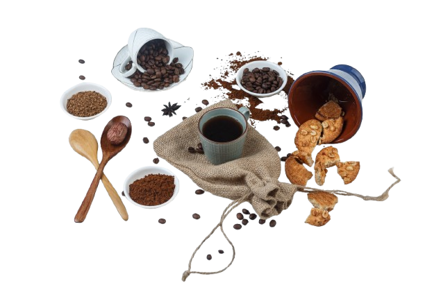 set coffee beans grinded coffee cookies wooden spoons coffee cup wooden sack background high angle view removebg preview